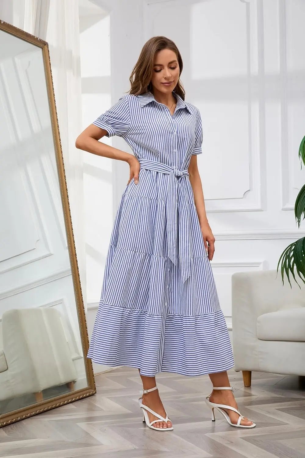 Women's Striped Button-Down Tiered Maxi Dress