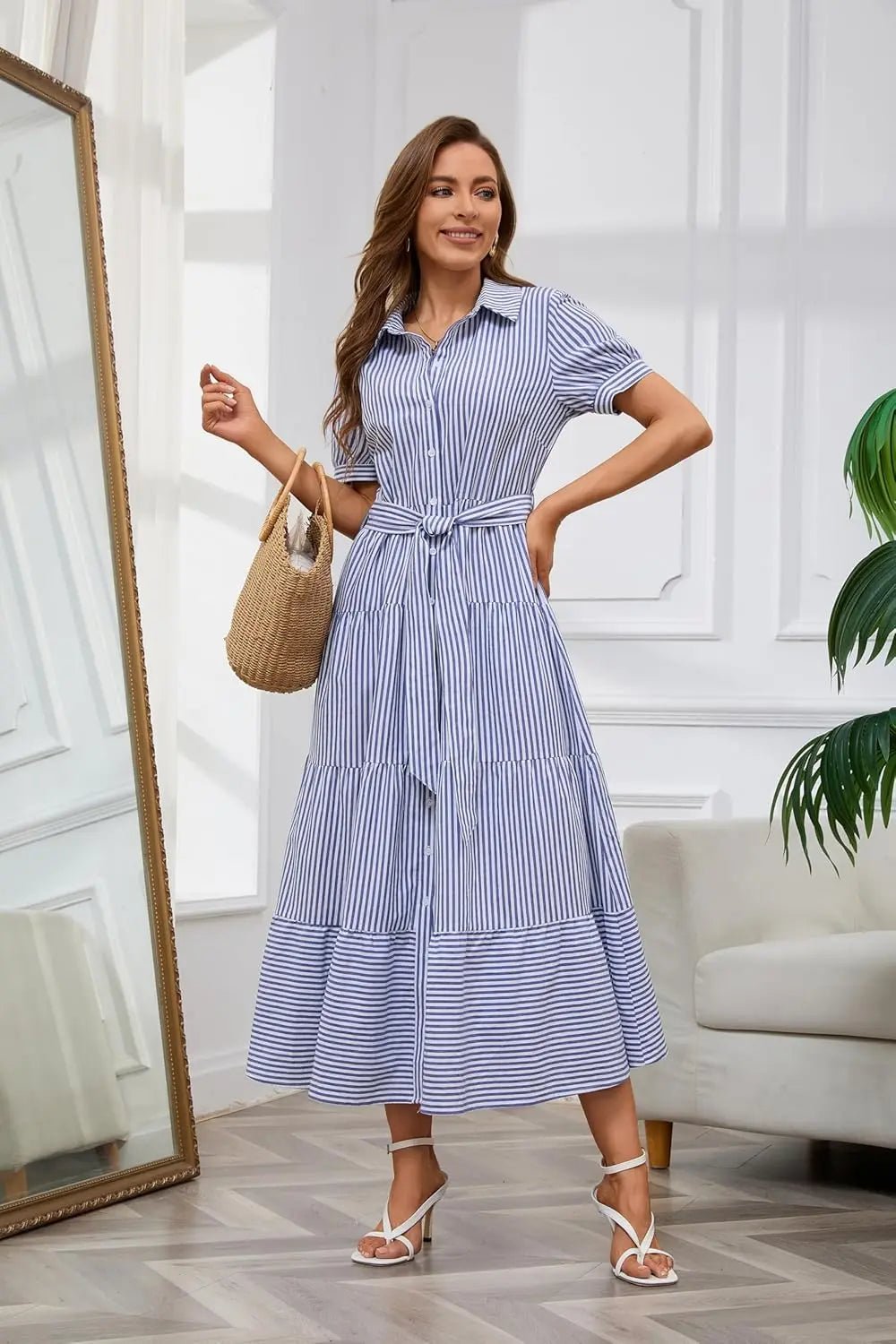 Women's Striped Button-Down Tiered Maxi Dress