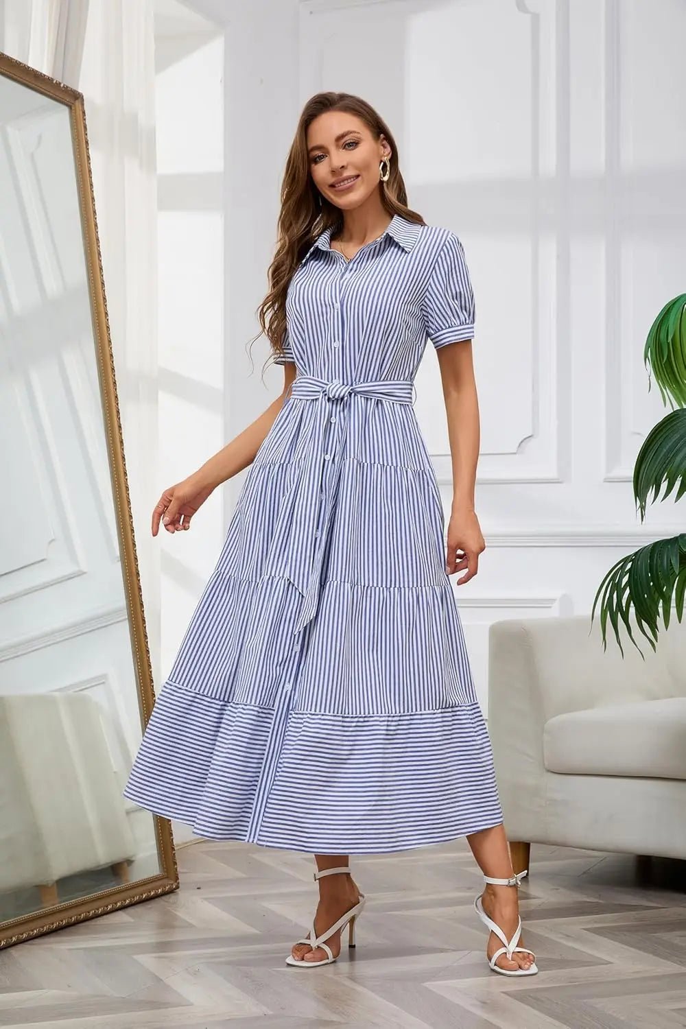Women's Striped Button-Down Tiered Maxi Dress
