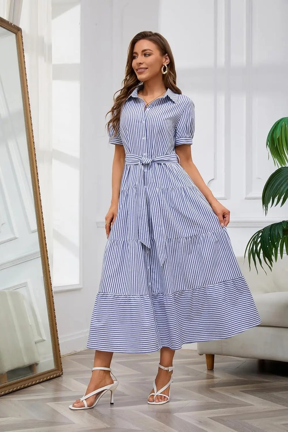 Women's Striped Button-Down Tiered Maxi Dress