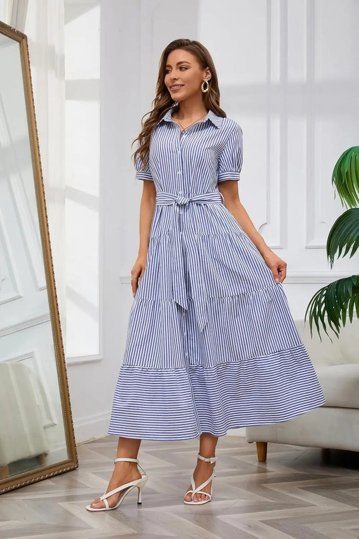 Women's Striped Button-Down Tiered Maxi Dress