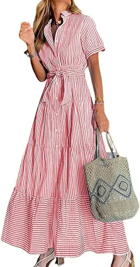 Women's Striped Button-Down Tiered Maxi Dress - Red