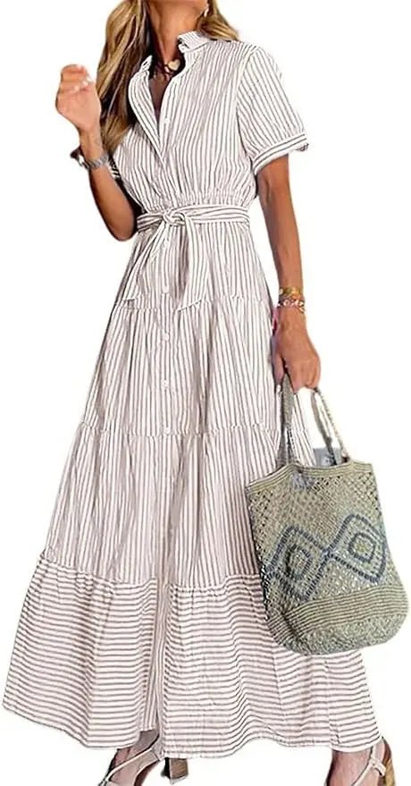 Women's Striped Button-Down Tiered Maxi Dress - Khaki