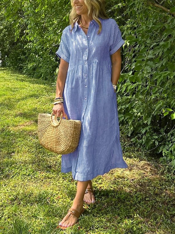Women's Striped Button-Front Midi Shirt Dress Short Sleeves - Blauw