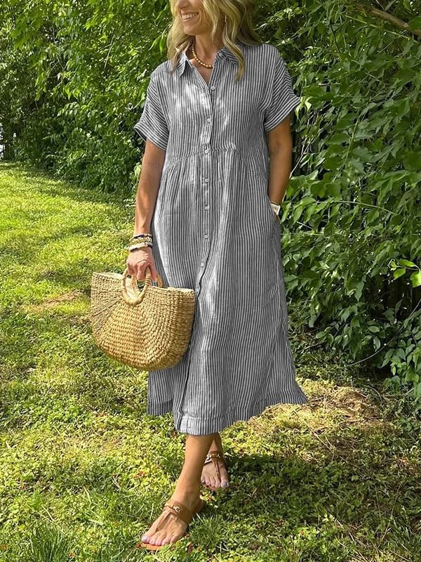 Women's Striped Button-Front Midi Shirt Dress Short Sleeves - Grijs