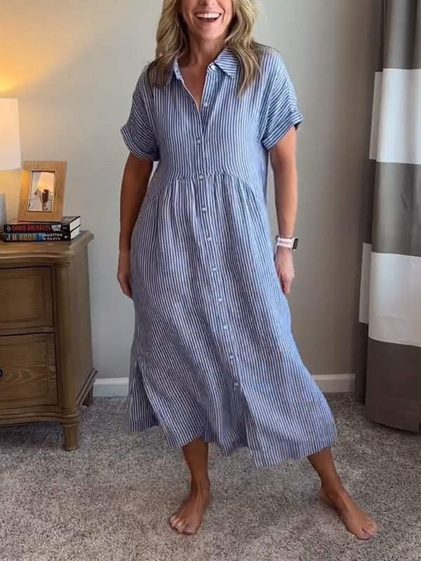 Women's Striped Button-Front Midi Shirt Dress Short Sleeves