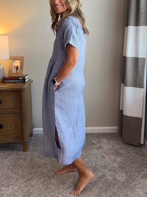 Women's Striped Button-Front Midi Shirt Dress Short Sleeves