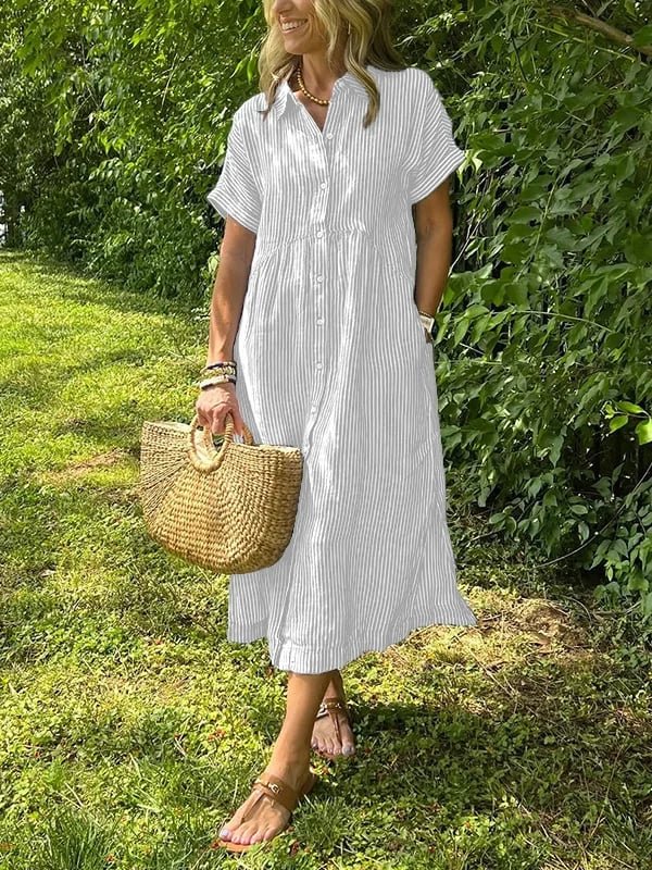 Women's Striped Button-Front Midi Shirt Dress Short Sleeves - Wit