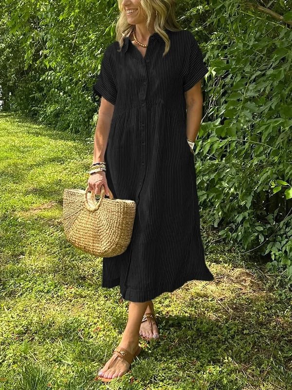 Women's Striped Button-Front Midi Shirt Dress Short Sleeves - Zwart