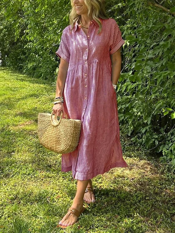 Women's Striped Button-Front Midi Shirt Dress Short Sleeves - Rood