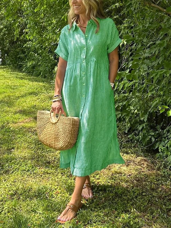 Women's Striped Button-Front Midi Shirt Dress Short Sleeves - Groen