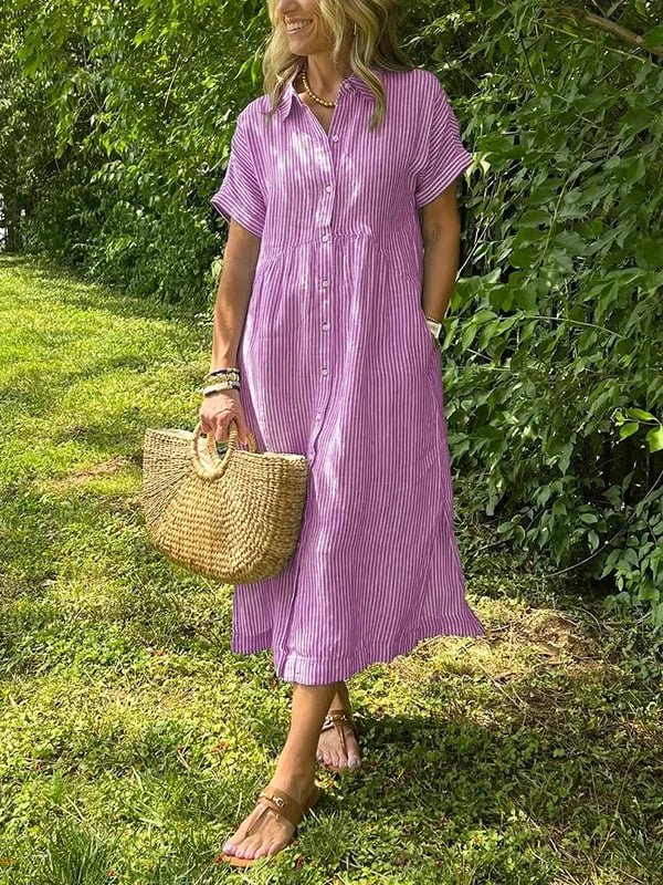 Women's Striped Button-Front Midi Shirt Dress Short Sleeves - Roze