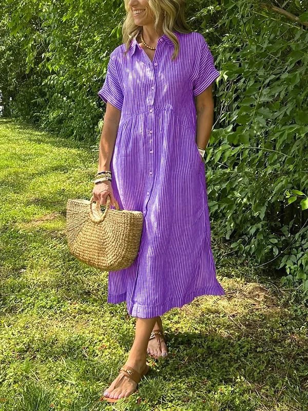 Women's Striped Button-Front Midi Shirt Dress Short Sleeves - Paars