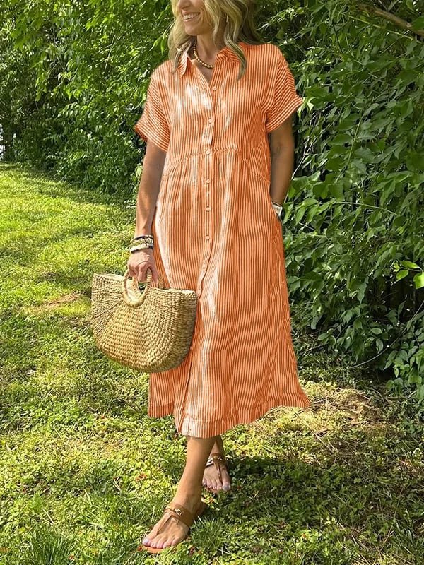 Women's Striped Button-Front Midi Shirt Dress Short Sleeves - Oranje