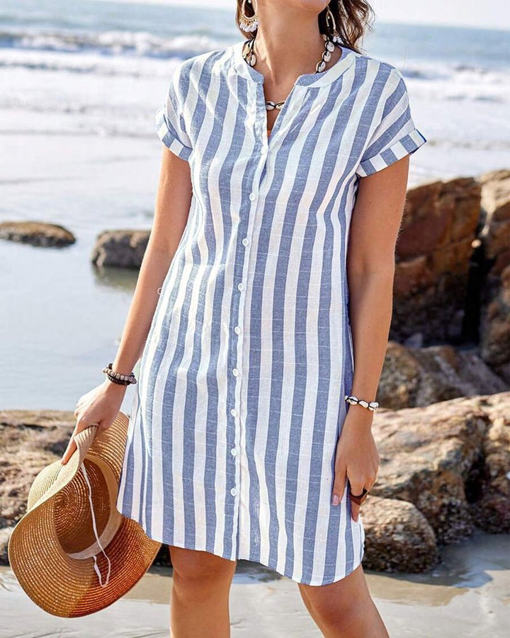 Women's Striped Button-Up Short-Sleeve Shirt Dress - Light Blue