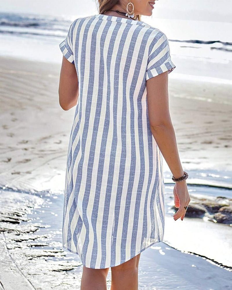 Women's Striped Button-Up Short-Sleeve Shirt Dress