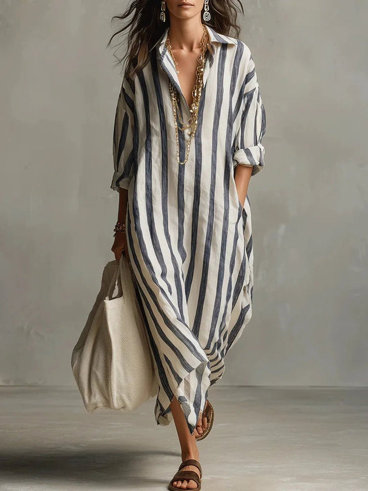 Women's Striped Linen Oversized Maxi Shirt Dress - Blue