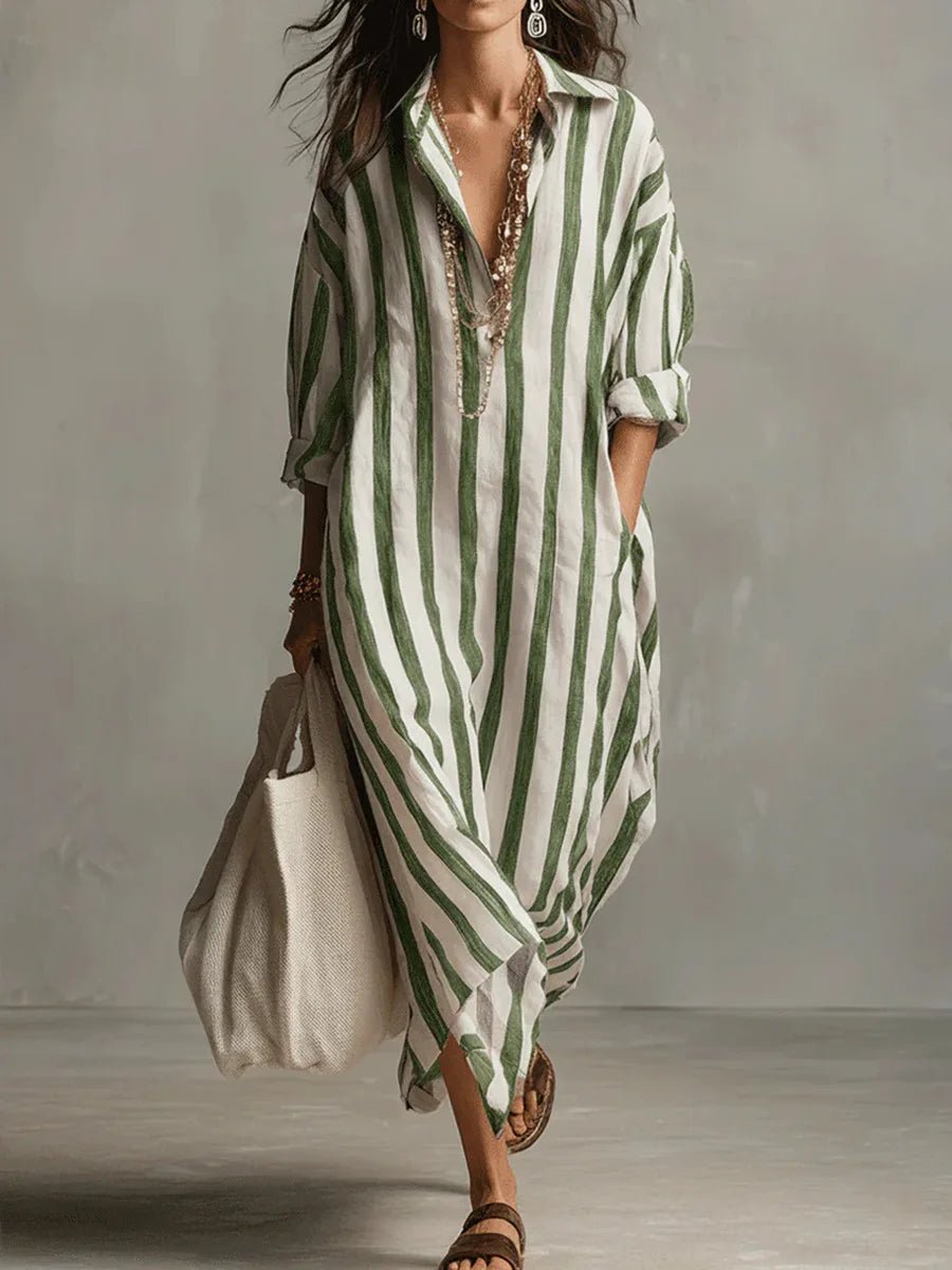 Women's Striped Linen Oversized Maxi Shirt Dress - Green