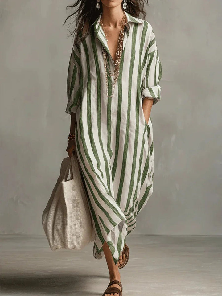 Women's Striped Linen Oversized Maxi Shirt Dress - Green