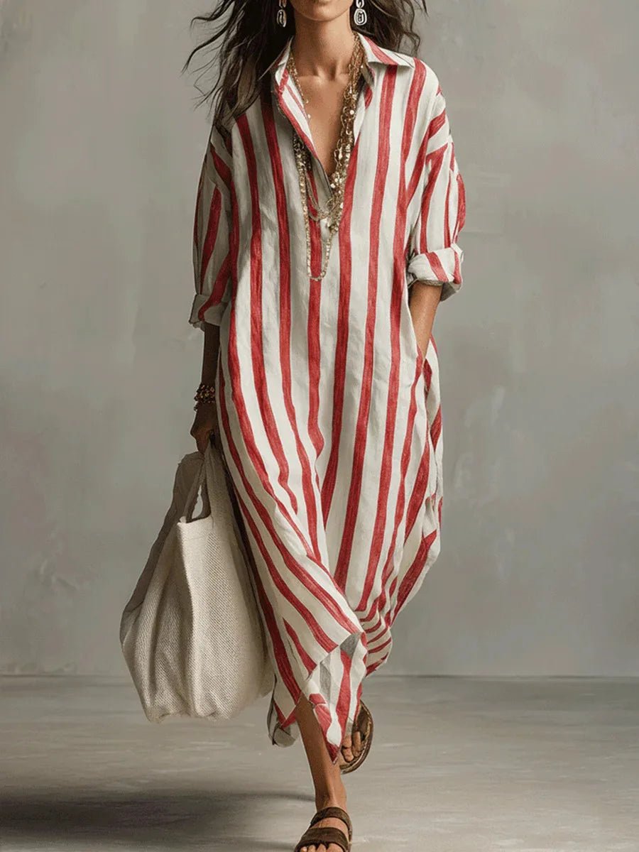 Women's Striped Linen Oversized Maxi Shirt Dress - Red