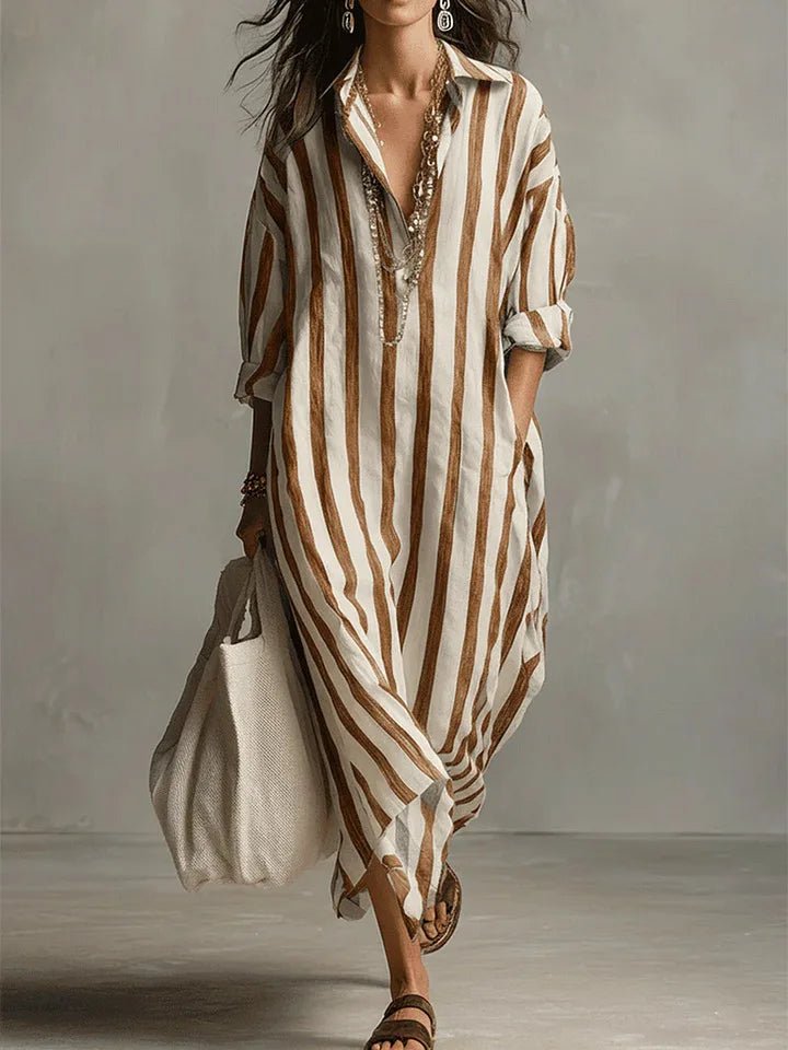 Women's Striped Linen Oversized Maxi Shirt Dress - Earthy Yellow