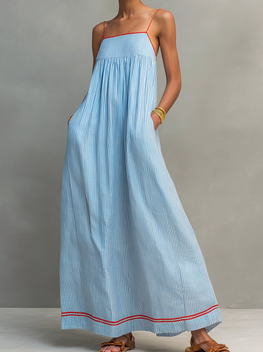 Women's Striped Maxi Long Sleeve Dress Gathered Spaghetti Strap - Blue