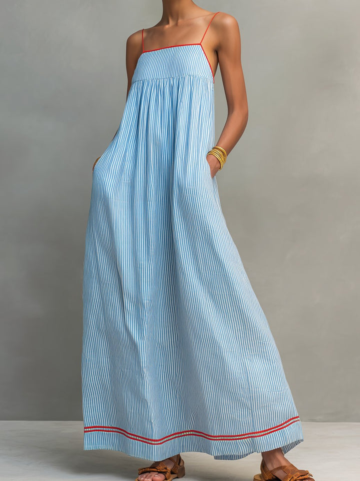 Women's Striped Maxi Long Sleeve Dress Gathered Spaghetti Strap - Blue