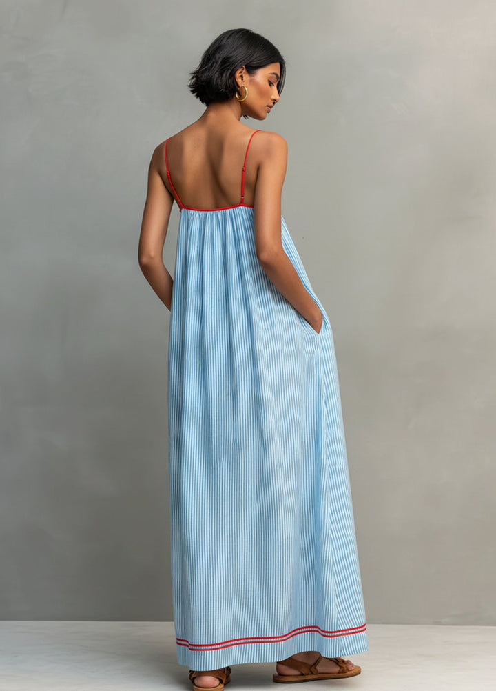 Women's Striped Maxi Long Sleeve Dress Gathered Spaghetti Strap