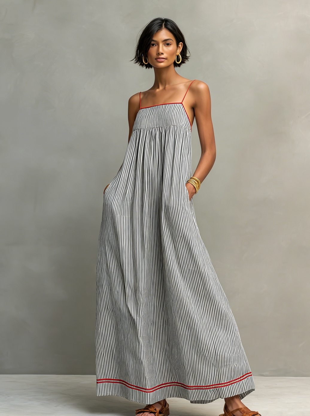 Women's Striped Maxi Long Sleeve Dress Gathered Spaghetti Strap - Black
