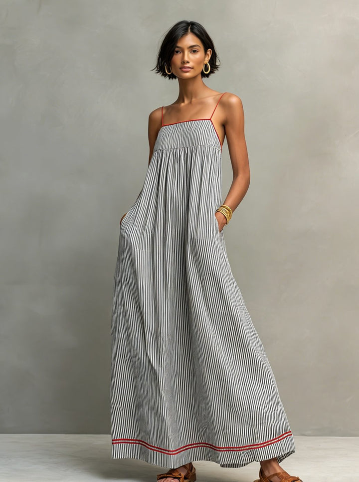 Women's Striped Maxi Long Sleeve Dress Gathered Spaghetti Strap - Black