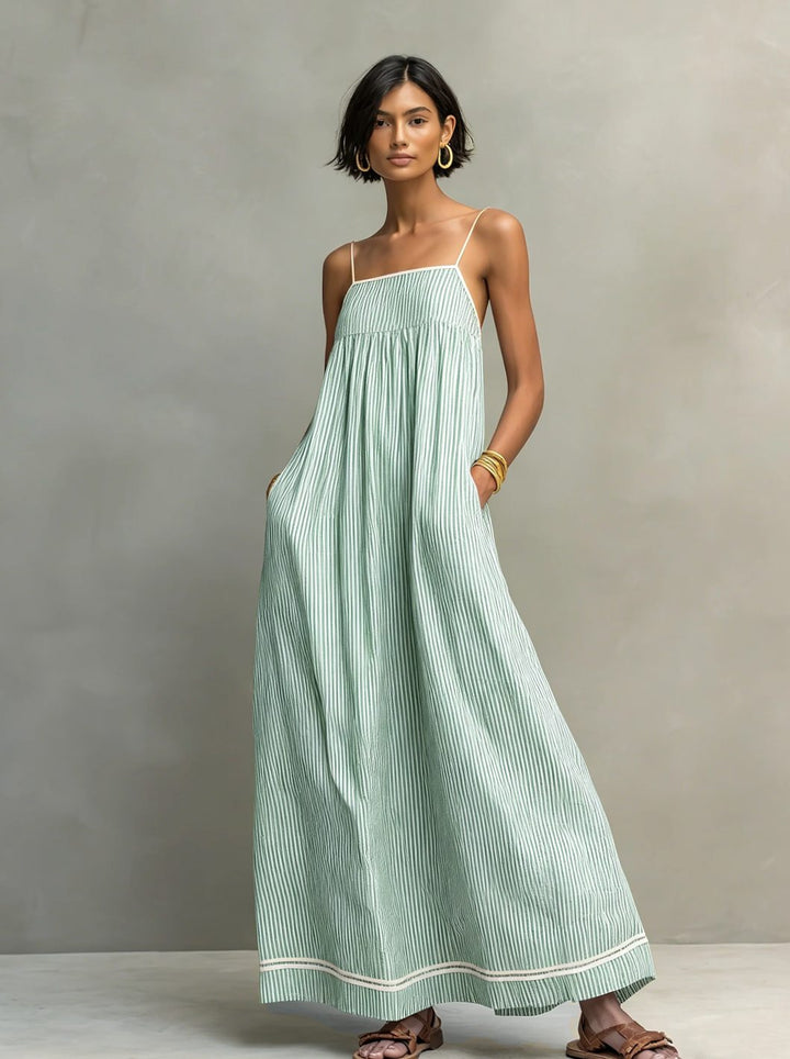 Women's Striped Maxi Long Sleeve Dress Gathered Spaghetti Strap - Green