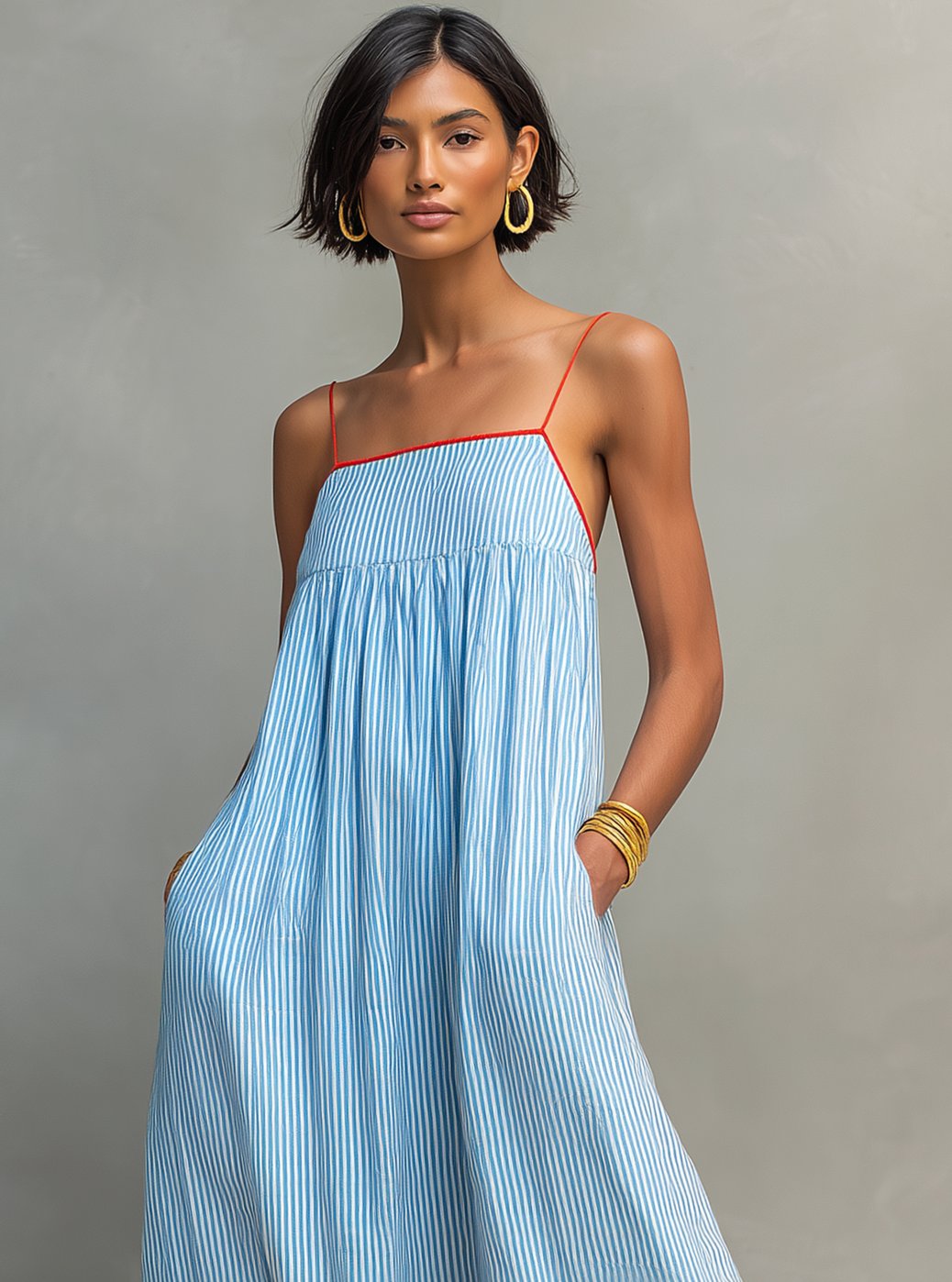 Women's Striped Maxi Long Sleeve Dress Gathered Spaghetti Strap