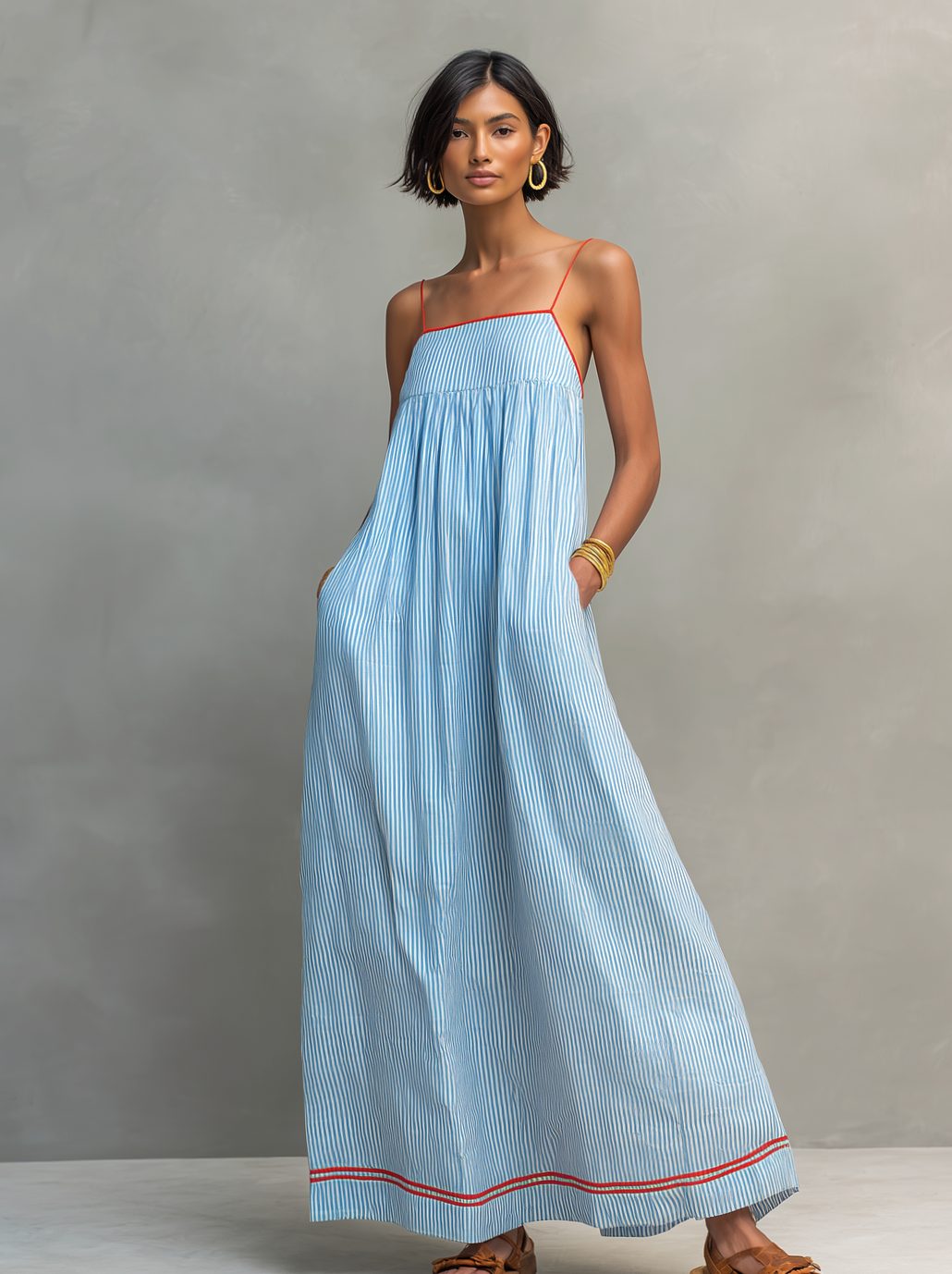 Women's Striped Maxi Long Sleeve Dress Gathered Spaghetti Strap