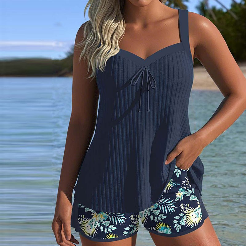 Women's Striped Ribbed Tankini Two-Piece Set with Beach Shorts - Navy Blue