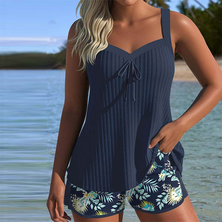 Women's Striped Ribbed Tankini Two-Piece Set with Beach Shorts - Navy Blue