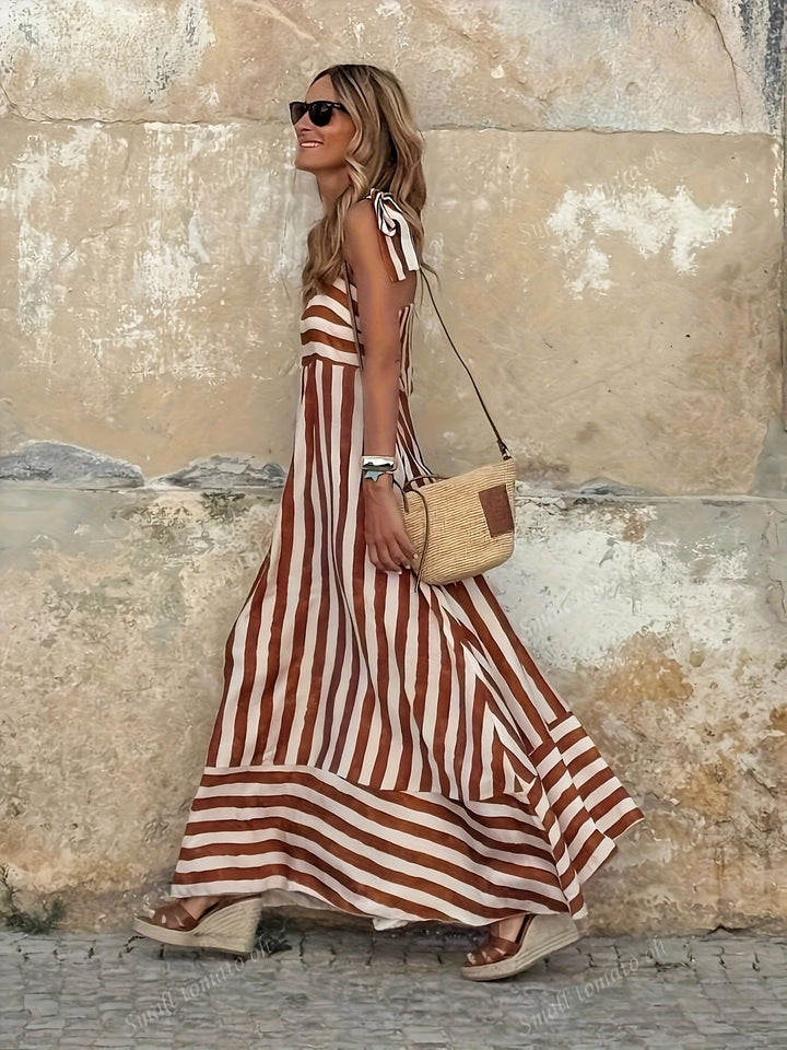 Women's Striped Tie-Strap Flared Maxi Dress