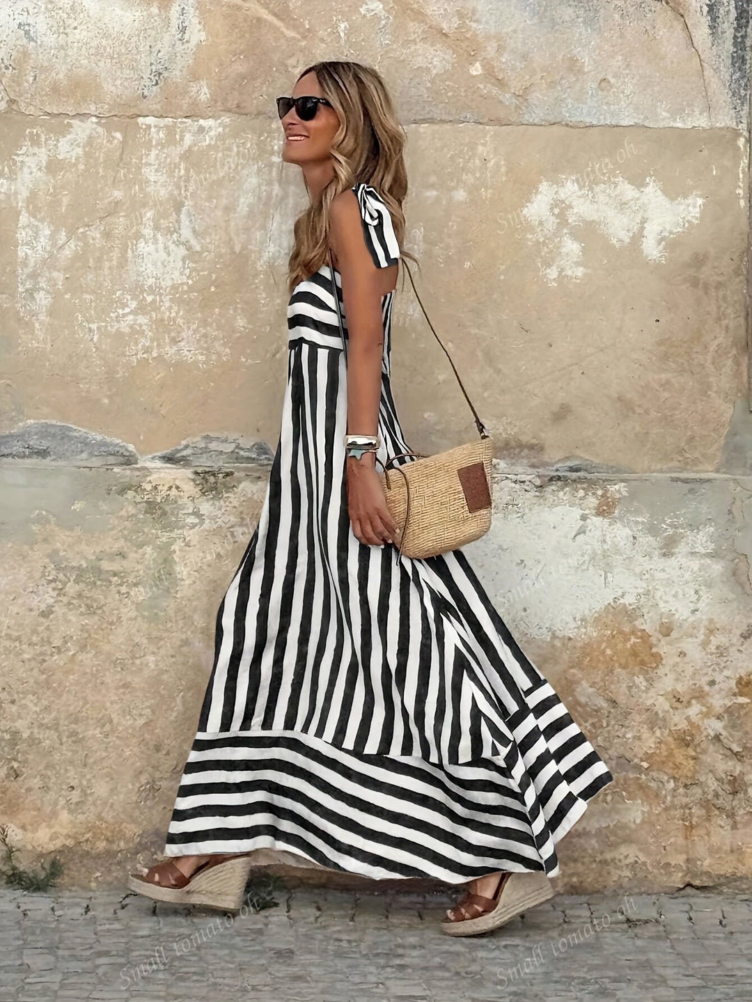 Women's Striped Tie-Strap Flared Maxi Dress