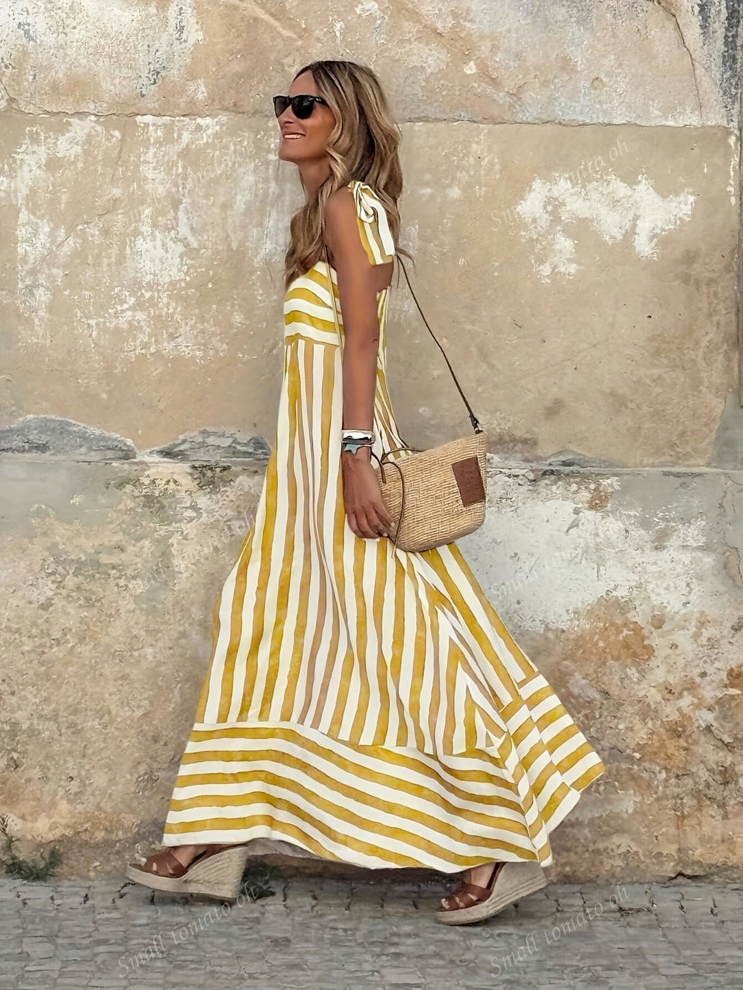 Women's Striped Tie-Strap Flared Maxi Dress