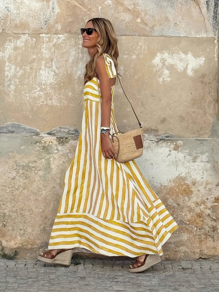 Women's Striped Tie-Strap Flared Maxi Dress