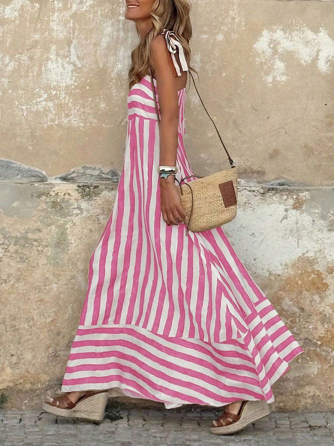 Women's Striped Tie-Strap Flared Maxi Dress - Pink