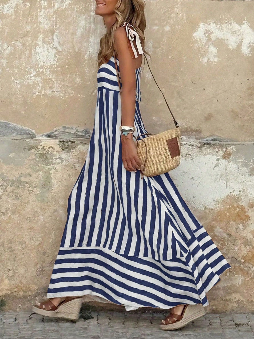 Women's Striped Tie-Strap Flared Maxi Dress - Blue