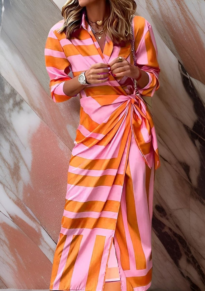 Women's Striped Wrap Midi Long Sleeve Dress - Orange/Pink