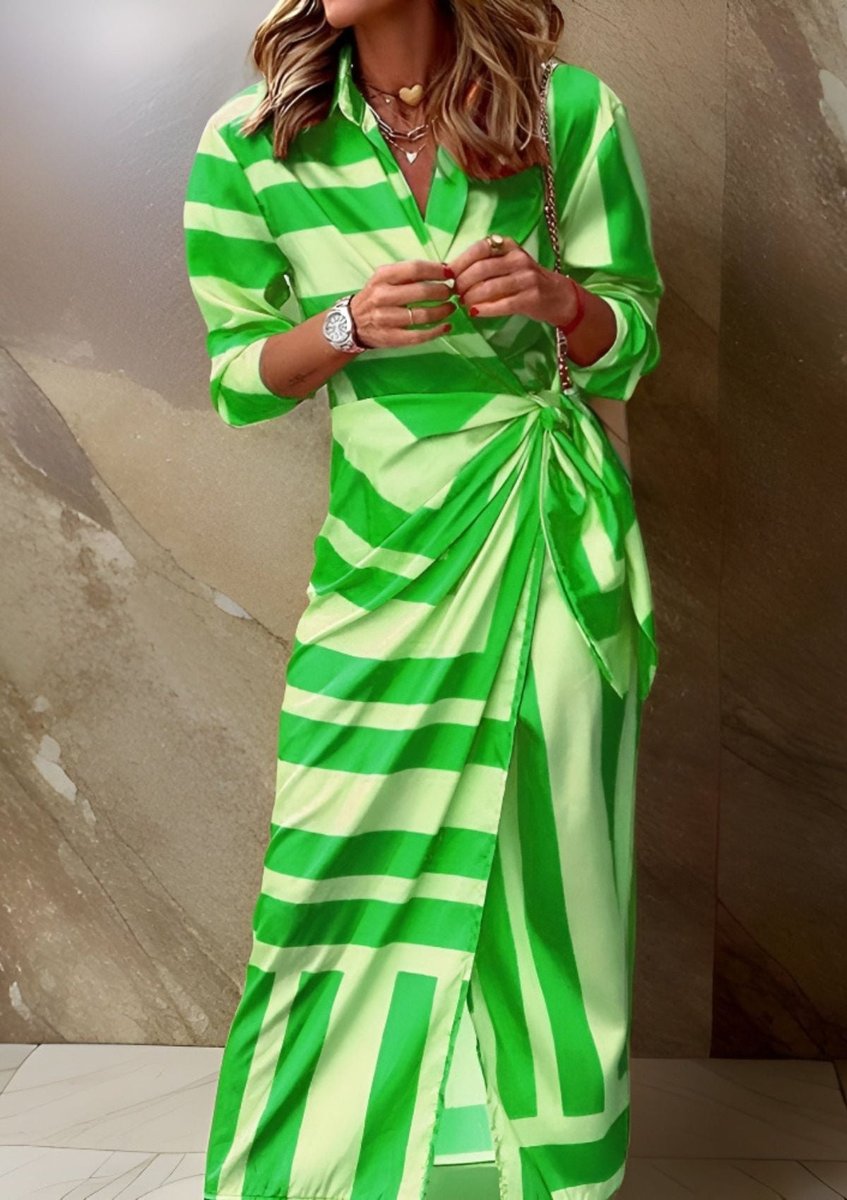 Women's Striped Wrap Midi Long Sleeve Dress - Green