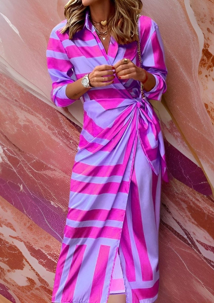 Women's Striped Wrap Midi Long Sleeve Dress - Purple