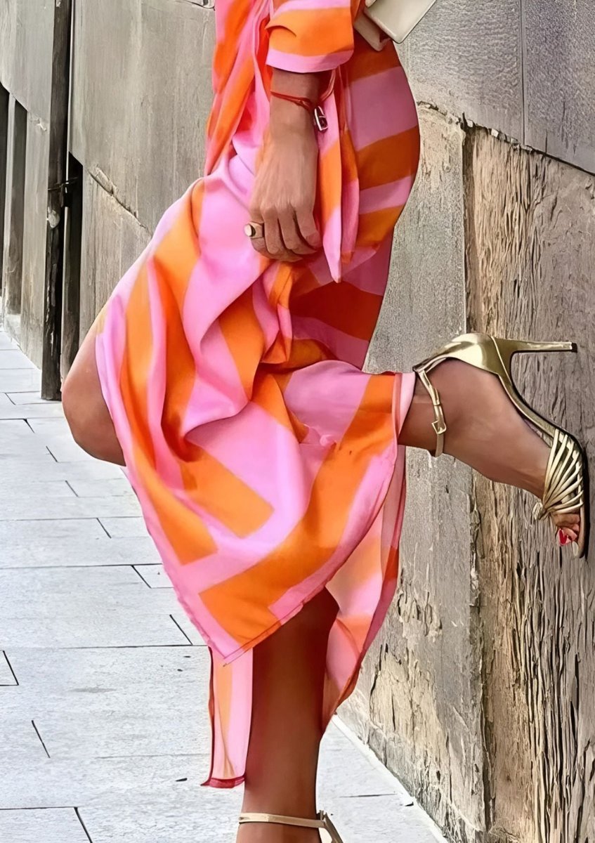 Women's Striped Wrap Midi Long Sleeve Dress