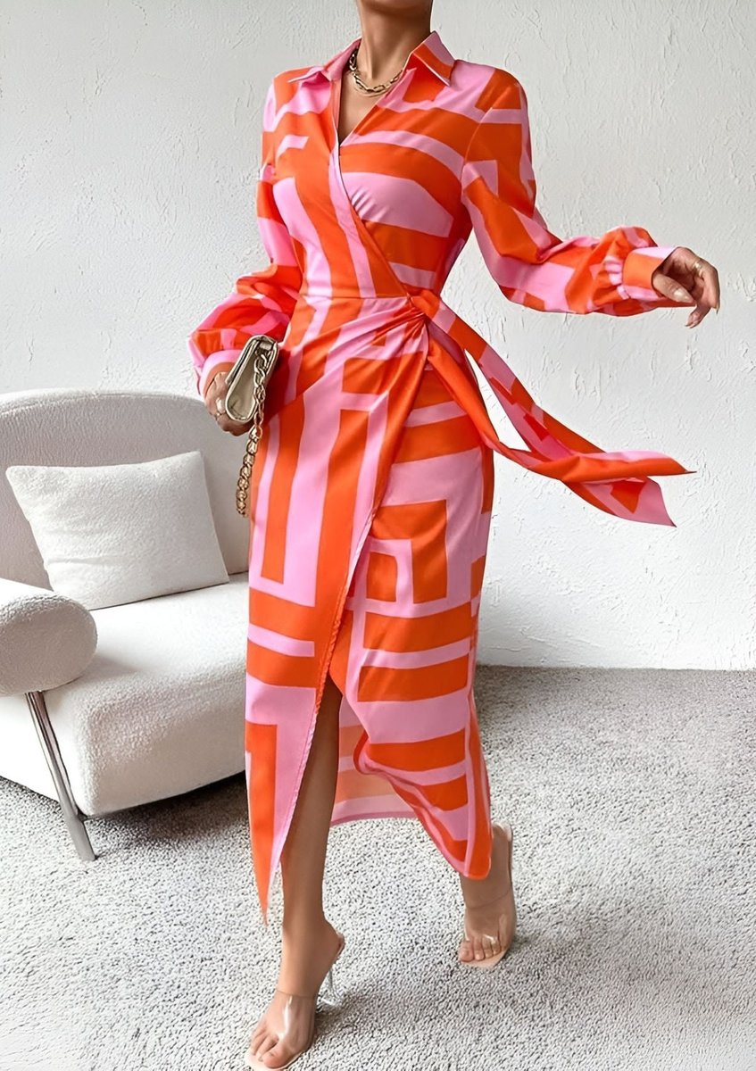 Women's Striped Wrap Midi Long Sleeve Dress
