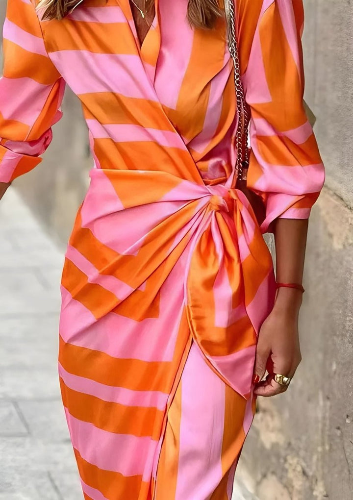 Women's Striped Wrap Midi Long Sleeve Dress