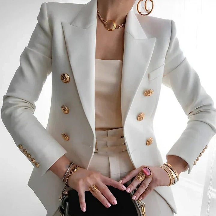 Women's Structured Double-Breasted Gold-Button Blazer - White