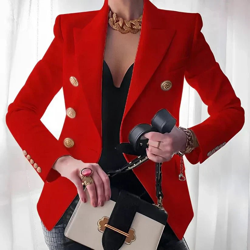 Women's Structured Double-Breasted Gold-Button Blazer - Red