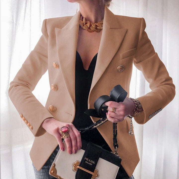 Women's Structured Double-Breasted Gold-Button Blazer - Beige